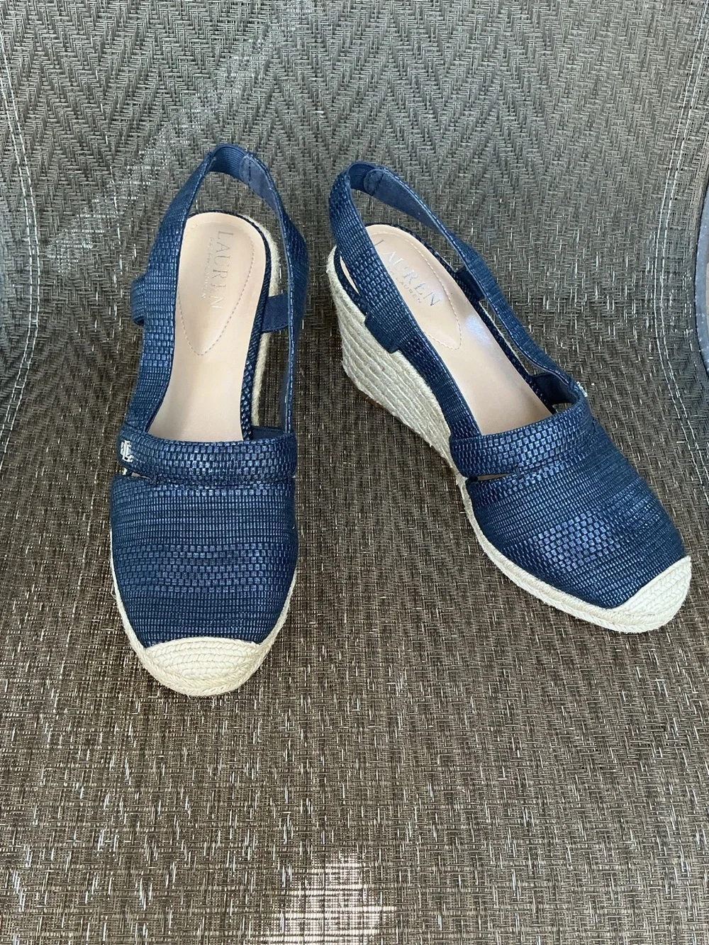 Lauren Ralph Lauren PENELOPE Navy Blue Woven Espadrille Wedge Slingback